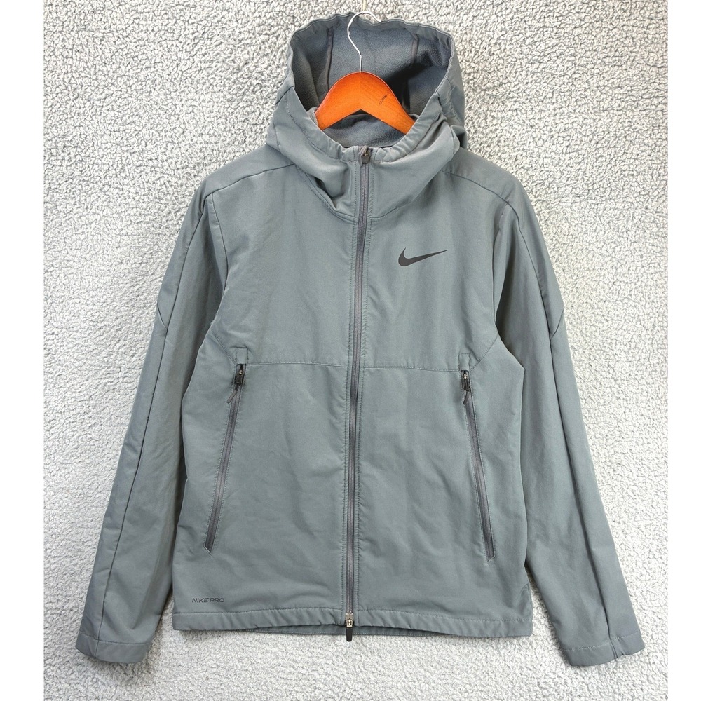 Nike Pro Full Zip Hooded Jacket Mens M Gray Swoosh Fleece Lined Activewear